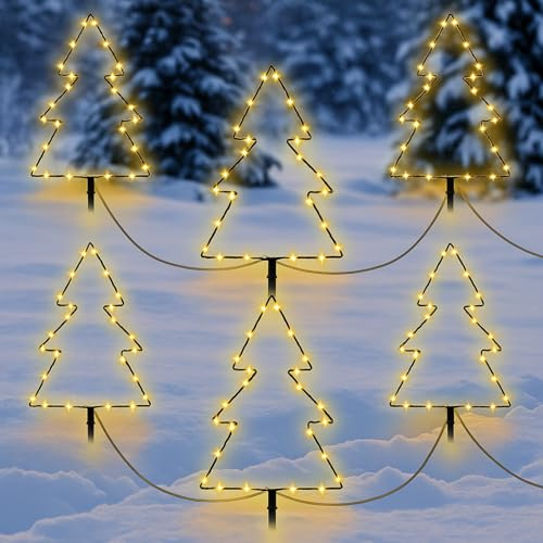 Fiada 6 Stück 25 cm LED Weihnachtsbaum Gartenstecker mit Timer Batterie Beleuchtet Christbaum mit Erdspießen LED Tannenbaum Weihnachtsbeleuchtung Außen Weihnachtsdeko für Garten Draußen Terrasse