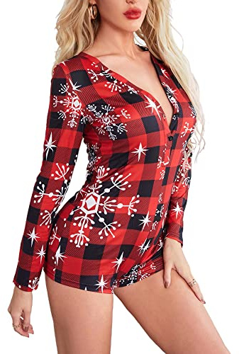 MBZJSDKHLK Womens Sexy Christmas One-Piece Romper Jumpsuit Xmas Printed V Neck Slim Fit Bodysuit Pjs Shorts Overall Sleepwear (B-Red Plaid, XL)