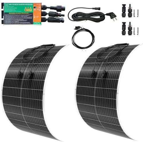 Solarpanel Flexibel mit 230V 300Watt Wechselrichter, Balkonkraftwerk komplettset Steckdose Plug & Play, 2 x 100W Flexibles Solarpanel 200W, Photovoltaik Balkon Komplett