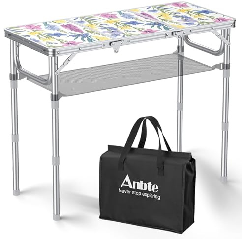 Anbte Tavolo da campeggio pieghevole da 91 cm, 3 altezze regolabili, tavolo pieghevole per esterni, con rete portaoggetti, leggero e portatile, con maniglia per il trasporto, per campeggio, spiaggia