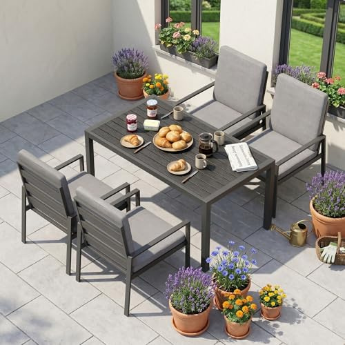 Atenza Gartenmöbel Set 5-teilig wetterfest, Tisch 140x80 cm, 4 Stühle | Rostfreies Aluminiumgestell, WPC-Tischplatte, breite Sitz- und Rückenkissen, Outdoor Essgruppe für Terrasse & Garten