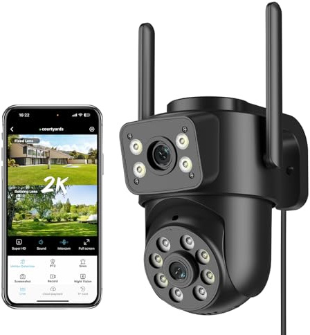 Reobiux 2K Camara Vigilancia WiFi Exterior con Doble Lente, 2,4G/5Ghz Cámaras Vigilancia Domicilio con Visión Nocturna Color, Seguimiento Automático, Audio Bidireccional, Grabación Continua 24/7