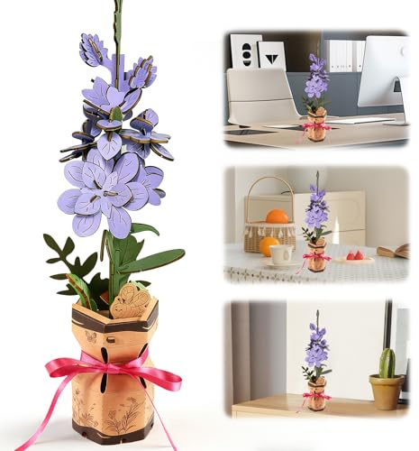 PetalPulse 3D Holzpuzzle, Kreatives Blumen Modell, Künstlicher Blumenstrauß Bausatz, Einfach zusammenzubauende Zimmerdekoration, Puzzle Geschenke für Frauen und Männer, Wohnaccessoire (Holz Lila)