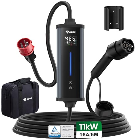 GONEO Mobile Wallbox 11kW 6M Ladekabel CEE 16A auf Typ 2, Fi Schutzschalter | Überhitzungsschutz | Timer | 3-Phasig, 6/8/10/13/16A Einstellbar IP66 EV Ladegerät Für EVs & PHEVs