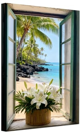 PUSEGA Canvas Print Wall Art for Living Room, Bedroom, Office or Entryway – Decorative Wall Decor with Tropical Beach Window View Lilies Palm Trees 32x48