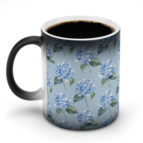 Jubonexis Powder Blue Hydrangea Color Changing Mugs Heat Changing Ceramic Coffee Mug Novelty Funny Tea Water Cup 11OZ