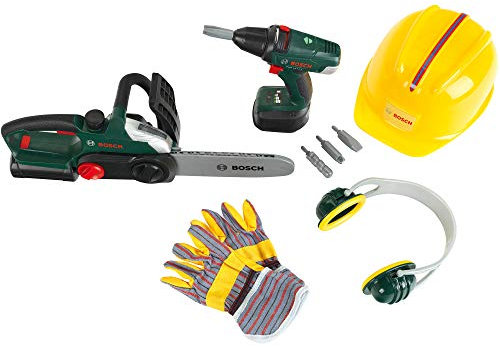 Theo Klein 8577 Bosch Bauarbeiter-Set I Akkuschrauber und Kettensäge mit Licht und Sound I Inkl. Zubehör wie Helm, Handschuhe und Ohrenschützer I Spielzeug für Kinder ab 3 Jahren