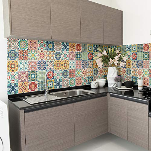 60 Stickers muraux Cuisine - Sticker Mural - Carreaux de Ciment adhésif Mural - Stickers Muraux azulejos - Sticker Carrelage adhesif Mural Salle de Bain 15 x 15 cm - 60 PCS Carreau de Ciment adhesif | Crédence adhésive pour cuisine, anti-rayure, vinyle adhésif, papier adhésif pour meuble, carrelage adhésif mural cuisine