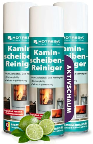 HOTREGA Kaminscheibenreiniger 3x300ml | Aktivschaum gegen Ruß & Rauchharz | Kaminglasreiniger für Ofen | Haftet an senkrechten Glasflächen | Entfernt Fett rückstandsfrei ohne mühsames Schrubben