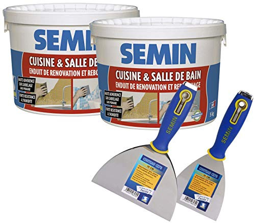 Semin - Enduit de Rebouchage et Rénovation - Spécial Cuisine et Salle de Bains - Seau de 5 kg (Lot de 2), Couteau à Enduire Multifonctions - 10 cm et Couteau à Enduire - 15 cm