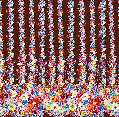 Soimoi Brown Japan Crepe Satin Fabric Stripe & Pansy Flower Panel Decor Fabric Printed BTY 42 Inch Wide
