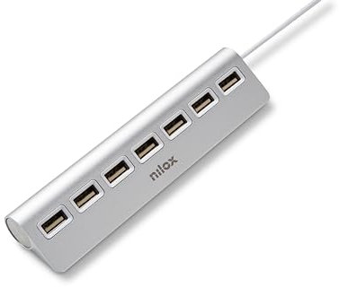 Nilox NXHU7ALU2, Hub USB 2.0 Elegante, Multipresa USB con 7 Porte, Velocità Trasferimento Dati 480 Mbps, Compatto, Leggero, Plug & Play con Base Antiscivolo e Funzione di Carica