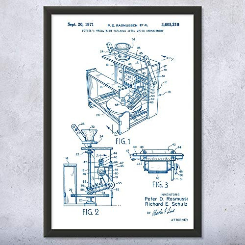 Framed Potters Wheel Print, Pottery Wall Art, Potter Gifts, Pottery Class Decor, Artist Gift, Ceramics Store Art Blue & White (8x10)