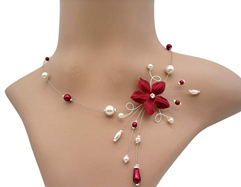 Bijoux mariage, collier couleur bordeaux fleur et perles