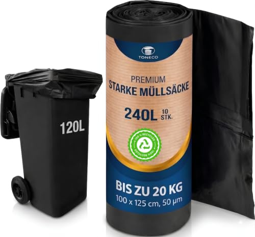 Toneco ® STARKE - Müllsäcke 240L - 50 Säcke - 100 x 125 cm - reißfest & dicht - Garten, Haushalt, Industrie - (10 bis 500 Säcke) (50)