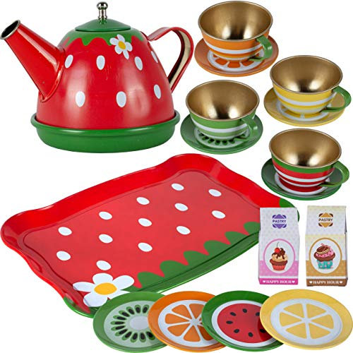 MalPlay Teeservice | Kaffeeservice Geschirr aus Metall | tolle Ergänzung für die Kinderküche | 16-teiliges Teeset | Teller | Tassen | Tablett | für Kinder Mädchen ab 3 Jahren