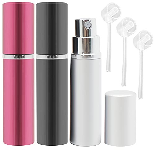 ZHIYE Perfume Atomiser Spray Bottle, 3 Pieces Refillable Refilling Travel Size Perfume Bottles in Pocket & Handbag Black & Pink & Silver (10ML 6 Piece Set)