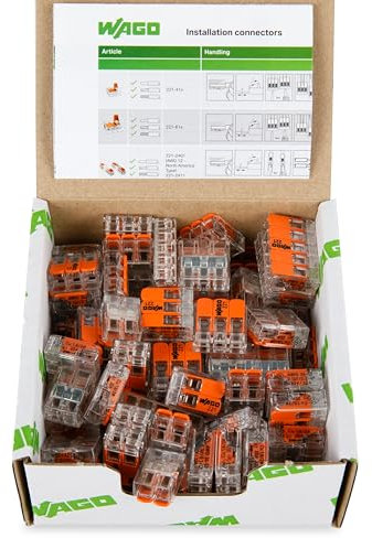 Wago 221 - Set di morsetti di collegamento con leva 221-412, 221-413, 221-415, 75 pezzi di connettori per cavi in un cartone richiudibile, originale Wago