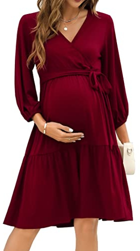 KOJOOIN Damen Umstandskleid V-Ausschnitt 3/4 Ärmel Stillkleid Rüschen Schwangerschafts Kleider mit Gürtel Weinrot(3/4 Ärmel) M