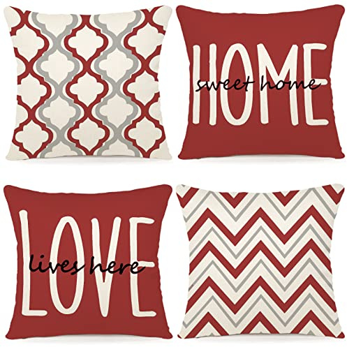 YCOLL Kissenbezug 50x50 4er Set Dekokissen Leinen Kissenbezüge Geometrische Muster Kissenhüllen für Sofa Schlafzimmer Couch Outdoor Kissen 50x50 Rot