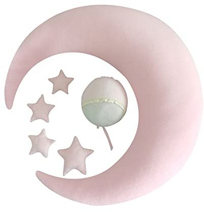 Newborn Photography Props,Crescent Moon Posing Pillow and Stars for Infant Photo Shooting Baby Poser Positioner Cushion Basket Filler Props Sets (Moon Pillow + 4 Star Accessories + 1 Hat) Pink