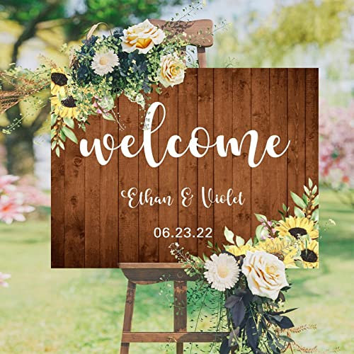 Sonnenblumenschild aus braunem Holz, Hochzeitsschild, Vintage-Hochzeits-Willkommensschild, rustikales Holzschild für Hochzeit, Brautparty, Party-Dekorationen, Hochzeitsgeschenk, 45,7 x 61 cm