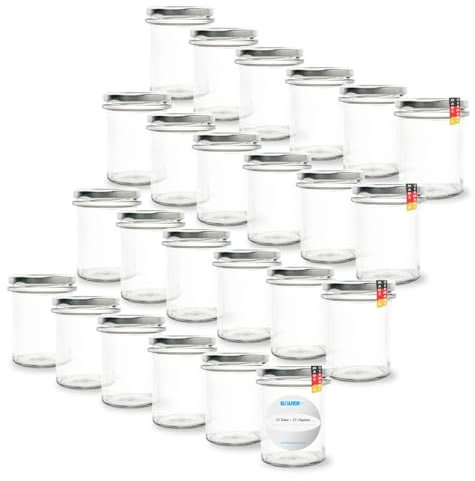 Flaschenbauer 24er Set Marmeladengläser 230ml - Sturzgläser & Einmachgläser, vielseitig einsetzbar, inklusive Etiketten, wahlweise farbige Twist-Off Deckel TO66 - ideal für Suppen, Dips, Tee [Silber]