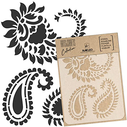 NAKLEO Malschablone für Handwerk A4 21x30cm, Paisley Türkisch Orientalisch Blumen Muster, Wiederverwendbare Kunststoff DIY & Scrapbooking Zeichenschablone, Decoupage Kunst Vorlage, Stoff Möbel Holz