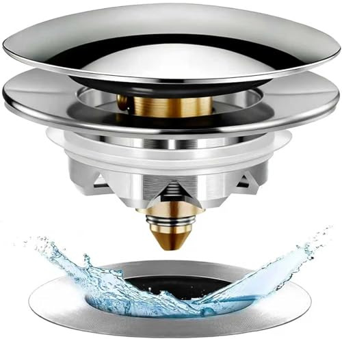 Anlige Bathtub Drain Stopper, Pop Up Tub Stopper and Cover, Bottom with Hair Catcher, Universal for 1.45 to 1.8 in Drain, Replaces Old Drain Plug, Chrome Silver