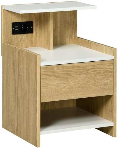 HOMCOM Comodino Moderno in Legno, Comodino con 2 Prese Elettriche e porte USB, con Cassetto, Legno Truciolato, da Camera da Letto, 40x40x60cm, Color Legno