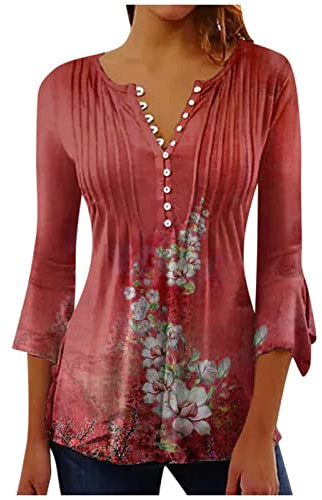 Camiseta Manga Corta Mujer Verano 2026 Moda Impresión Camisa 3/4 Manga Blusa Cuello en V Botones Plisada Camiseta Elegant Suelto Tops Casual Fiesta Cómodo T-Shirt Original tee Playa