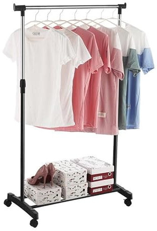 Kleiderständer Kleiderstange Garderobenständer auf Rollen，kleiderstange ausziehbar 80-150cm ,Kleiderständer mit höhenverstellbaren Kleiderstangen, kleiderständer stabil ,bis 20 kg belastbar Schwarz
