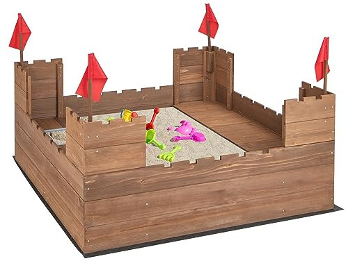 COSTWAY Sabbiera in Legno per Bambini con 2 Panchine, Sabbionaia con Contenitori e Bandierine, con Telo di Fondo Protettivo da Giardino e Spiaggia, per Bambini 3 Anni+