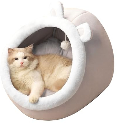 PETCUTE Katzenbett für Indoor Katzen,Warm Katzenhöhle Katzenhaus mit Abnehmbarem Waschbarem Kissen,Anti-Rutsch,Haustierhöhle Schlafbett mit Hängendem Spielzeug,Gemütliches Haustier Kissen Bett