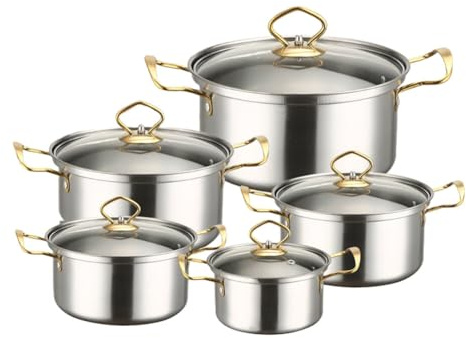 Uposao 10Pcs Batterie de Cuisine en Acier Inoxydable, Casseroles/Faitouts avec Couvercle en Verre pour Tous Feux Dont Induction