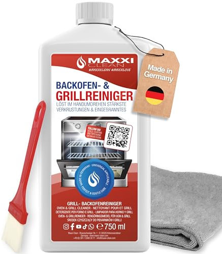 MAXXI CLEAN | Backofen & Grillreiniger - das Original | 1x 750 ml Gel, 1x Pinsel und 1x Microfasertuch | selbstarbeitender Reiniger und Fettlöser | für Herdplatte & Grill | löst Verkrustungen