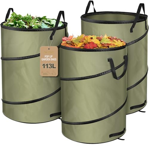 IWTTWY 3x 113L Pop Up Gartensäcke, Selbstaufstellend Gartenabfallsack Extra Stabil, Laubsack Robust & Faltbar, Premium Gartensack Oxford, Gartensäcke Grünabfall für Gras Laub Hecke