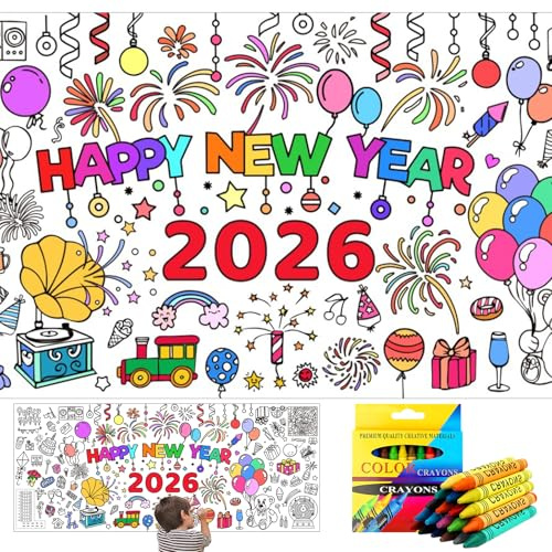 Papier-Tischdecke zum Ausmalen Silvester Deko 2026, Happy New Year Ausmaltischdecke Papier mit 24 Buntstift, Neues Jahr Ausmaltischdecke Kinder Neujahr Tischdecke Silvester Basteln