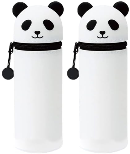 QRKPVHD 2 in 1 Weiche Silikontasche Kawaii Federmäppchen, Tischstifthalter, 2pcs Reißverschluss, Silikon, Stiftetasche Buntstifte Marker, Büro, Uni, niedlicher Schulbedarf, Tier-Stifthalter, Panda