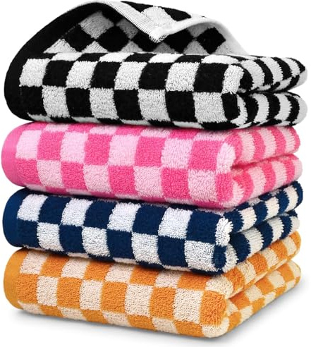 Jacquotha Luxus-Handtücher, 4er-Set, Baumwolle, weich, dekorativ, kariert, für Küche, Badezimmer, Schwarz, Hot Pink, Marineblau, Orange, 33 x 73 cm, für Damen und Herren