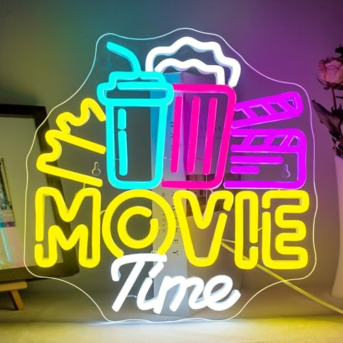 ineonlife Movie Time con caja de papel de palomitas de maíz, letrero de neón, luz de neón LED para decoración de pared, noche de cine en casa, decoración de cine, luces de neón USB regulables para