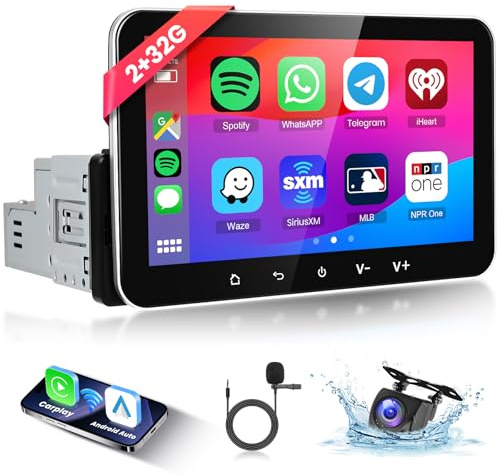 2+32G Single Din Android Car Stereo Wireless Carplay Android Auto, Hodozzy 7 Inch Touch Screen Car Radio with GPS Navigation Bluetooth Mirror Link WiFi EQ FM Radio,SWC+Camera