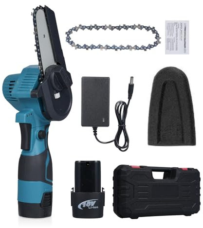 Mini Motosega a Batteria per Potatura 21 V,4 pollici,mini motosega con 2 batterie e caricabatterie,con una sola mano per il Taglio Del Legno e Giardini