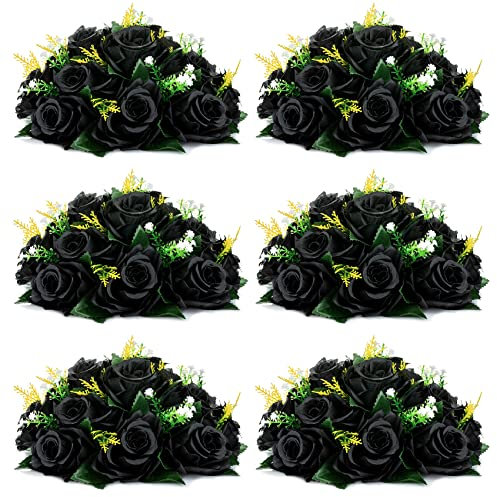 KXQYIKYI Nuptio, 6er-Pack künstliche Schwarze Rosensträuße, Schwarze Hortensien-Kunstblumen, 15 künstliche Rosen mit Sockel, echt aussehende Schwarze Kunstblumen (schwarz)