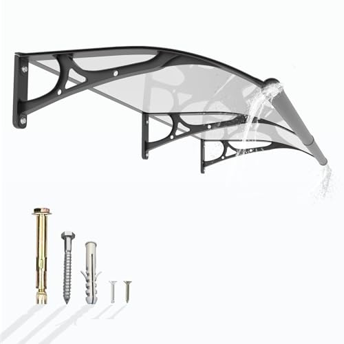 Auvent de Porte Extérieur avec Système de Drainage – 200 x 100 cm Marquise Abri de Pluie en Polycarbonate Anti-UV, Support Aluminium, Protection Contre Neige, Vent et Soleil
