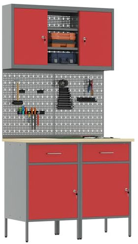 vidaXL Arbeitsschrankset mit Schubladen mit Regal 6 pcs Rot, Werkstatt-Schrank, Moderne Aufbewahrung für effiziente Werkzeugorganisation, Robustes pulverbeschichtetes Stahl