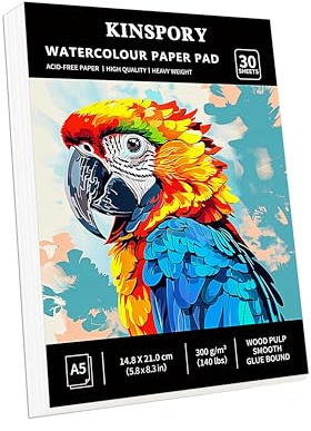 KINSPORY Aquarellpapier A5 mit 30 Blatt - 300gsm Aquarellblock, kaltgepresstes Textur-Aquarellpapier, Skizzenbuch, Wasserfarben Papier für Malerei, Zeichnung, Skizzen und Mischtechnik - 14,8 x 21 cm