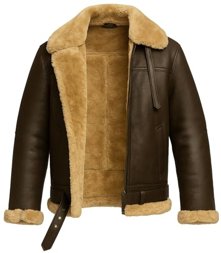 TRESSANO Mens RAF B3 Aviator Bomber Leather Jacket - WW2 Faux Fur Shearling Lambskin Brown Leather Jacket for Men's, Brown, M
