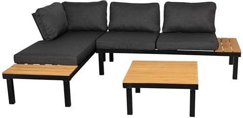 MR. DEKO® Gartenmöbel Lounge Set Noja, Eukalyptusholz, Aluminium, Naturfarben, mit Tisch und Kissen | Sitzecke aus Holz und Aluminium | Möbel wetterfest für Balkon, Garten, Terrasse