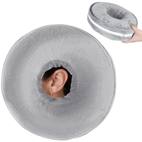 Winmany Cuscini per piercing all'orecchio con federa rimovibile in peluche per chi dorme di lato, cuscino a ciambella per proteggere le orecchie, sollievo dal dolore, lavabile (grigio chiaro, standard